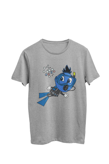 WooHooBerry engaged in scuba diving, adorned in scuba gear, with joyous bubbles spelling out 'WooHoo.' The gray T-shirt complements the underwater adventure.